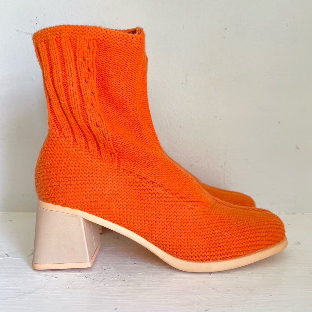 Eckhaus Latta Camper Together Knit Ankle Boots With Block Heel In Orange Size 36